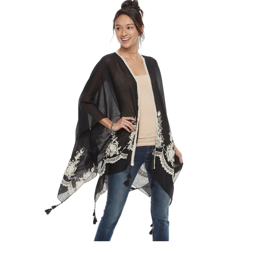Black floral wrap with tassels